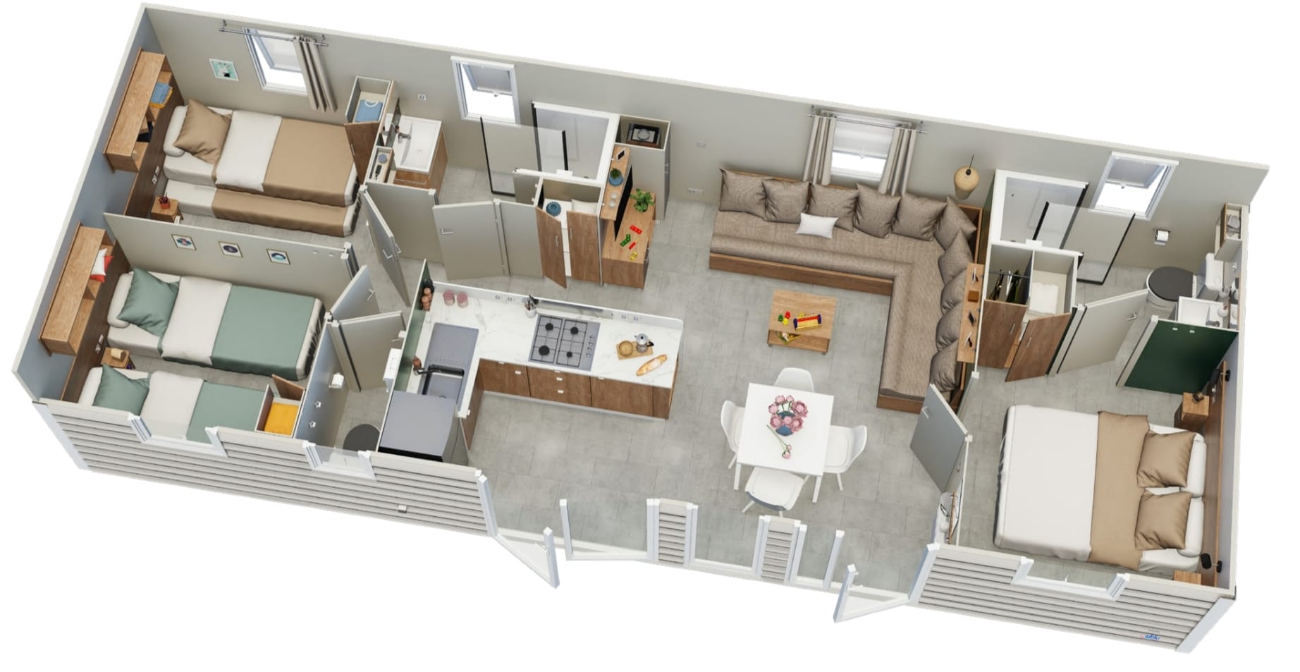Plan du mobil-home 38m² : salon, 3 chambres, séjour, 2 salles d'eau